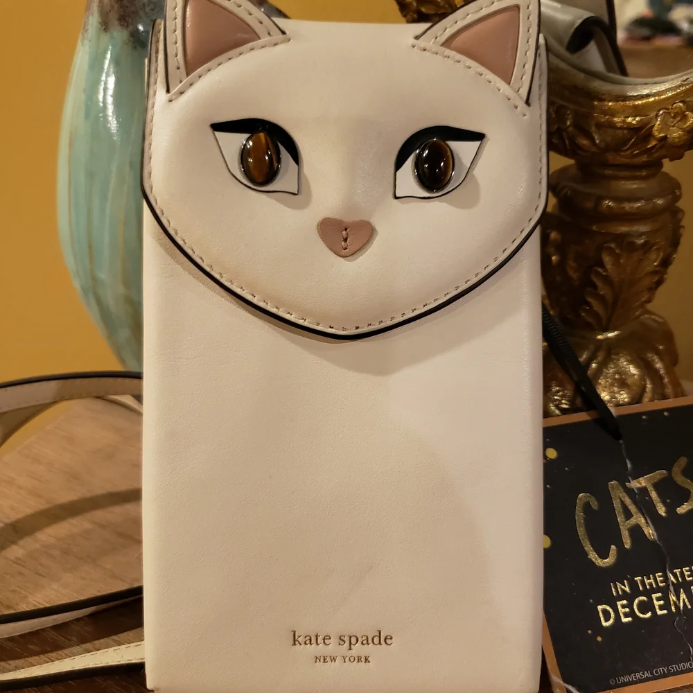 NWT! KATE SPADE Adorable Cat Face Crossbody in White & Cream w/ Gemstone Eyes